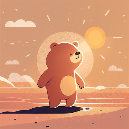 Illustration cute teddy bear sunbathe on beach in sunny day Created with Generative AI technology.の素材