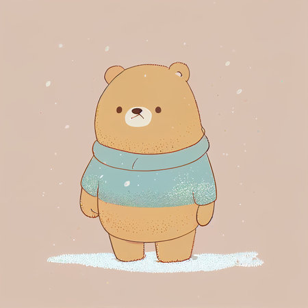 Illustration cute teddy bear standing alone on snowy day Created with Generative AI technology.の素材