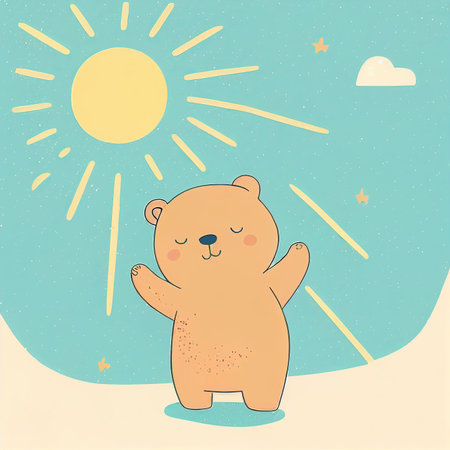 Illustration cute teddy bear sunbathe on beach in sunny day Created with Generative AI technology.の素材