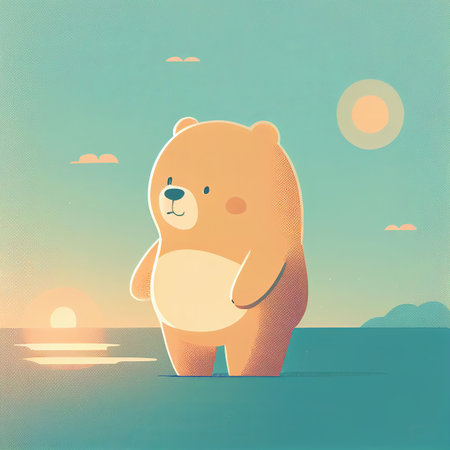 Illustration cute teddy bear sunbathe on beach in sunny day Created with Generative AI technology.の素材