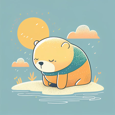 Illustration cute teddy bear sunbathe on beach in sunny day Created with Generative AI technology.の素材