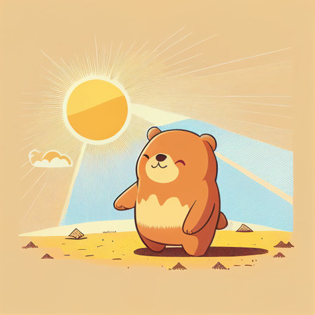 Illustration cute teddy bear sunbathe on beach in sunny day Created with Generative AI technology.の素材