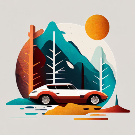 Illustration of minimalist sport car on landscape background Created with Generative AI technology.の素材