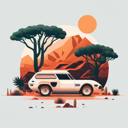 Illustration of minimalist sport car on landscape background Created with Generative AI technology.の素材