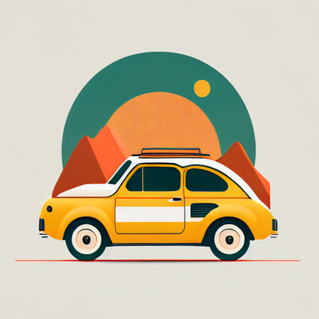 Illustration of minimalist sport car on landscape background Created with Generative AI technology.の素材