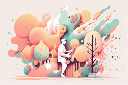 Illustration of musician playing guitar and singing on stage Created with Generative AI technology.の素材