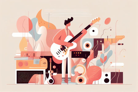 Illustration of musician playing guitar and singing on stage Created with Generative AI technology.の素材