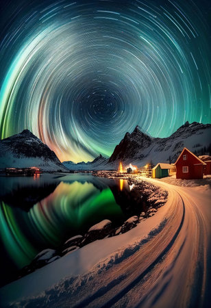 Beautiful village with aurora and star trail over night sky Created with Generative AI technology.の素材