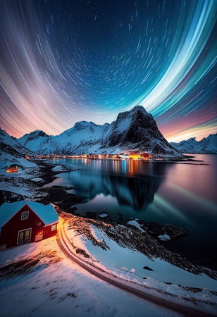 Beautiful village with aurora and star trail over night sky Created with Generative AI technology.の素材
