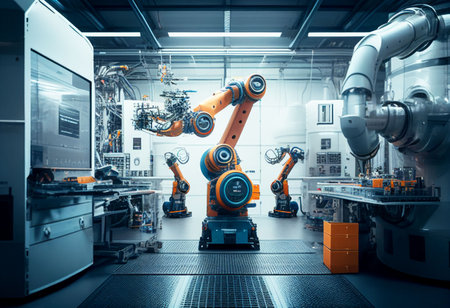 Robotic assembly product in factory (Automation industry) Created with Generative AI technology.の素材