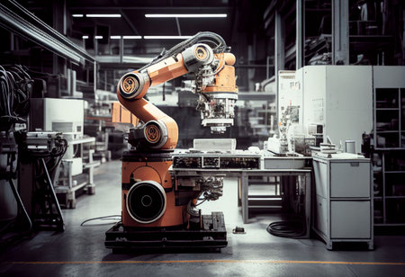 Robotic assembly product in factory (Automation industry) Created with Generative AI technology.の素材