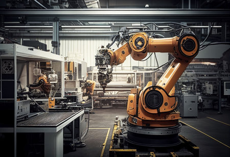 Robotic assembly product in factory (Automation industry) Created with Generative AI technology.の素材