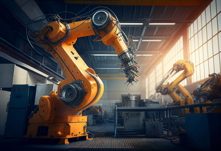 Robotic assembly product in factory (Automation industry) Created with Generative AI technology.の素材
