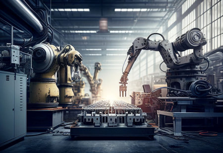 Robotic assembly product in factory (Automation industry) Created with Generative AI technology.の素材