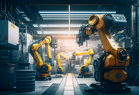 Robotic assembly product in factory (Automation industry) Created with Generative AI technology.の素材