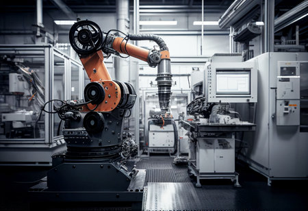 Robotic assembly product in factory (Automation industry) Created with Generative AI technology.の素材