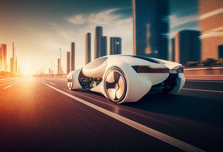 Electric sport car running on the morning road in future city Created with Generative AI technology.の素材