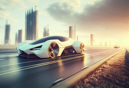 Electric sport car running on the morning road in future city Created with Generative AI technology.の素材