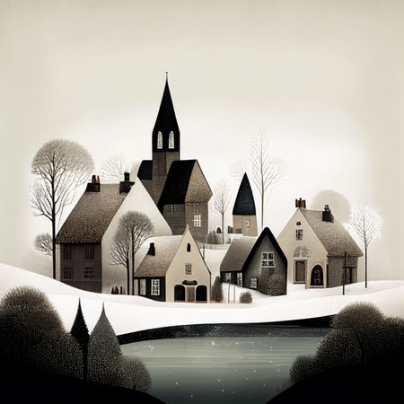 Kid painting colorful of beautiful snow village on snow hill Created with Generative AI technology.の素材