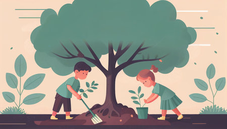 Children planting a tree for health the world and environment Created with Generative AI technology.の素材