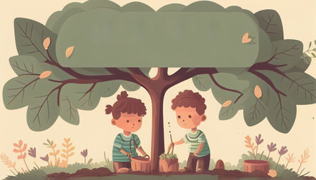 Children planting a tree for health the world and environment Created with Generative AI technology.の素材