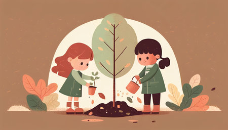 Children planting a tree for health the world and environment Created with Generative AI technology.の素材