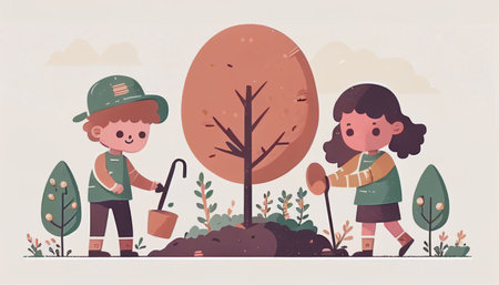 Children planting a tree for health the world and environment Created with Generative AI technology.の素材