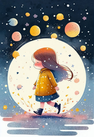 Cover book of kid standing on universe with cute little stars Created with Generative AI technology.の素材