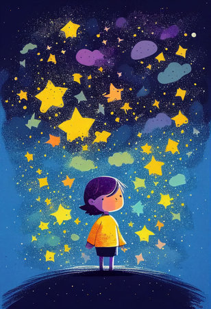 Cover book of kid standing on universe with cute little stars Created with Generative AI technology.の素材