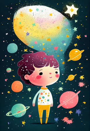 Cover book of kid standing on universe with cute little stars Created with Generative AI technology.の素材
