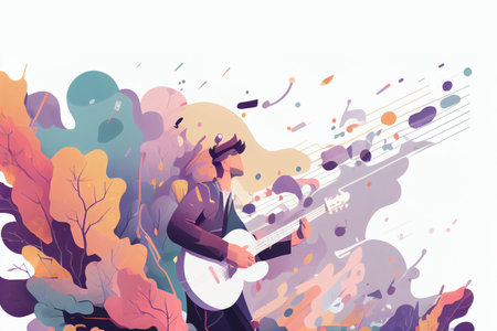 Illustration of musician playing guitar and singing on stage Created with Generative AI technology.の素材