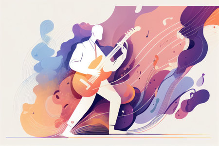 Illustration of musician playing guitar and singing on stage Created with Generative AI technology.の素材