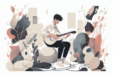 Illustration of musician playing guitar and singing on stage Created with Generative AI technology.の素材