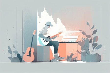 Illustration of musician playing guitar and singing on stage Created with Generative AI technology.の素材