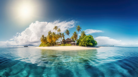 Tropical island in the ocean with palm trees and clear water Created with Generative AI technology.の素材