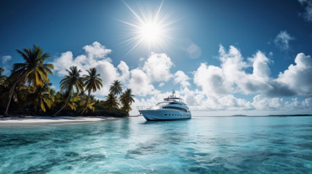 Tropical island in the ocean with palm trees and clear water Created with Generative AI technology.の素材