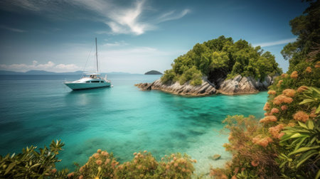 Tropical island in the ocean with palm trees and clear water Created with Generative AI technology.の素材