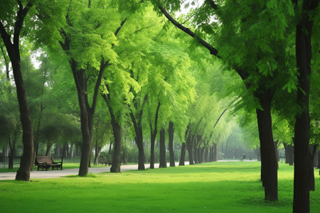 Beautiful public park with green grass field on morning light Created with Generative AI technology.の素材