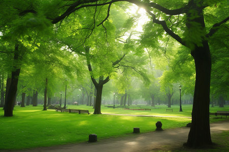 Beautiful public park with green grass field on morning light Created with Generative AI technology.の素材