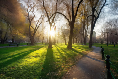 Beautiful public park with green grass field on morning light Created with Generative AI technology.の素材