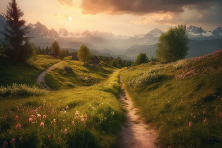 Beautiful landscape countryside with green meadow on the hill Created with Generative AI technology.の素材