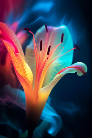 Magic lily flower colorful spectrum in the dark like a dream Created with Generative AI technology.の素材
