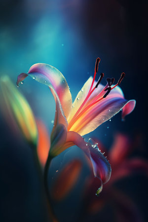Magic lily flower colorful spectrum in the dark like a dream Created with Generative AI technology.の素材