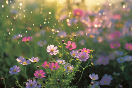 Field of colorful blooming cosmos flower in spring on morning Created with Generative AI technology.の素材