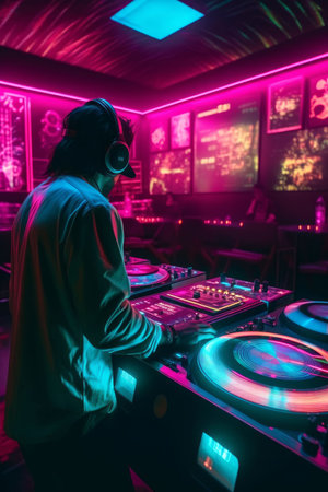 DJ player audio mixing electronic music in a nightclub party Created with Generative AI technology.の素材