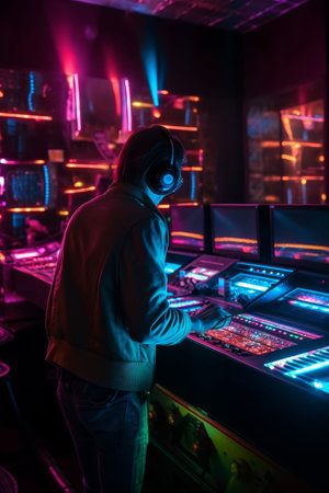 DJ player audio mixing electronic music in a nightclub party Created with Generative AI technology.の素材