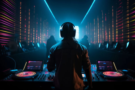 DJ player audio mixing electronic music in a nightclub party Created with Generative AI technology.の素材