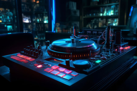DJ audio mixer controller of electronic music in a nightclub Created with Generative AI technology.の素材
