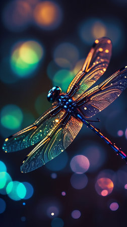 Beautiful colorful dragonfly on rainbow bokeh background Created with Generative AI technology.の素材