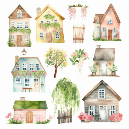 Set of house and tree style watercolor painting with margins Created with Generative AI technology.の素材